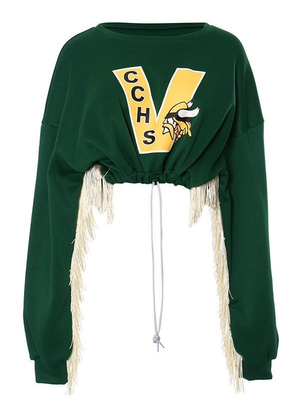 Women's autumn and winter new round neck long sleeved letter printed drawstring waist cinching short tassel sweatshirt