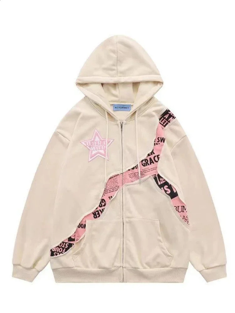 Deeptown Y2K Vintage Zip Up Hoodies Women Harajuku Hip Hop Letter Print Sweatshirts Gothic Streetwear Loose Patchwork Tops Coats 240812