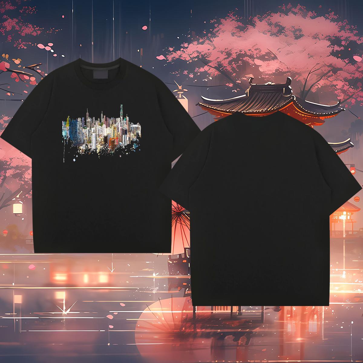 Fashion Casual T Shirt For Man 100% Cotton 230g Tall buildings Hip Hop Street Tshirts Round Neck Short Sleeve Free Shipping Men Tops Tees Custom Anime