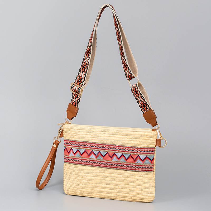Handheld Grass Woven Bag Women Handbag Clutch Weaving Wallet Removable Wide Shoulder Strap Zipper Open High Quality