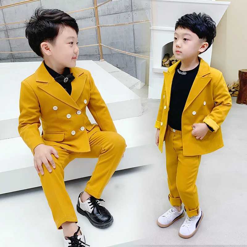 Suits Winter Boys Girls Dress Suit Set Formal Children Catwalk Show Wedding Party Costume Kids Yellow Blazer Pants Clothing Sets
