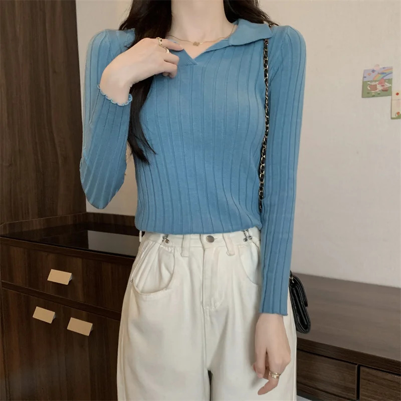 Autumn and winter womens fashionable polo shirt long sleeved slim fit top knitted sweater Y2k top T-shirt 240827