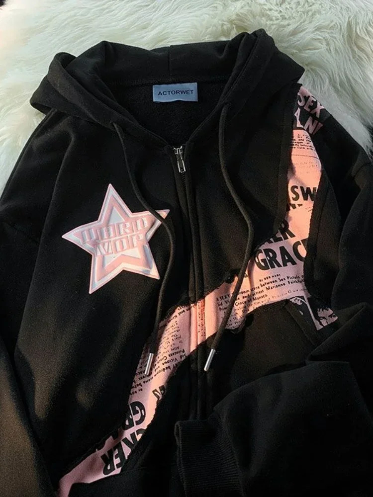 Deeptown Y2K Vintage Zip Up Hoodies Women Harajuku Hip Hop Letter Print Sweatshirts Gothic Streetwear Loose Patchwork Tops Coats 240812