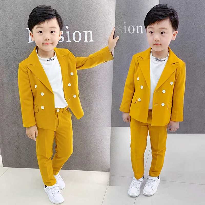 Suits Winter Boys Girls Dress Suit Set Formal Children Catwalk Show Wedding Party Costume Kids Yellow Blazer Pants Clothing Sets