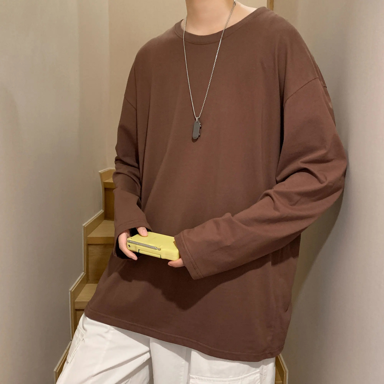 Fall Long Sleeve Pullover basic T-shirt for Men Loose Large Size Fashion Solid Color Tops Casual Autumn Streetwear Tops T Shirt 240812