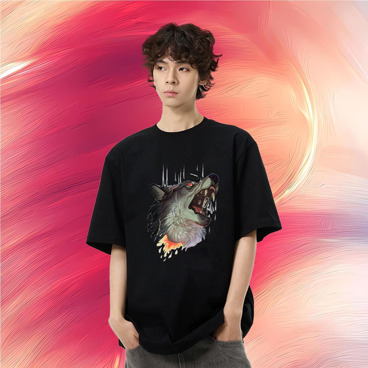 Casual New T-Shirts 230g Cotton wolf Hip Hop Clothings Breathable Crew Neck Designer Men Tops Tees Black Oversized