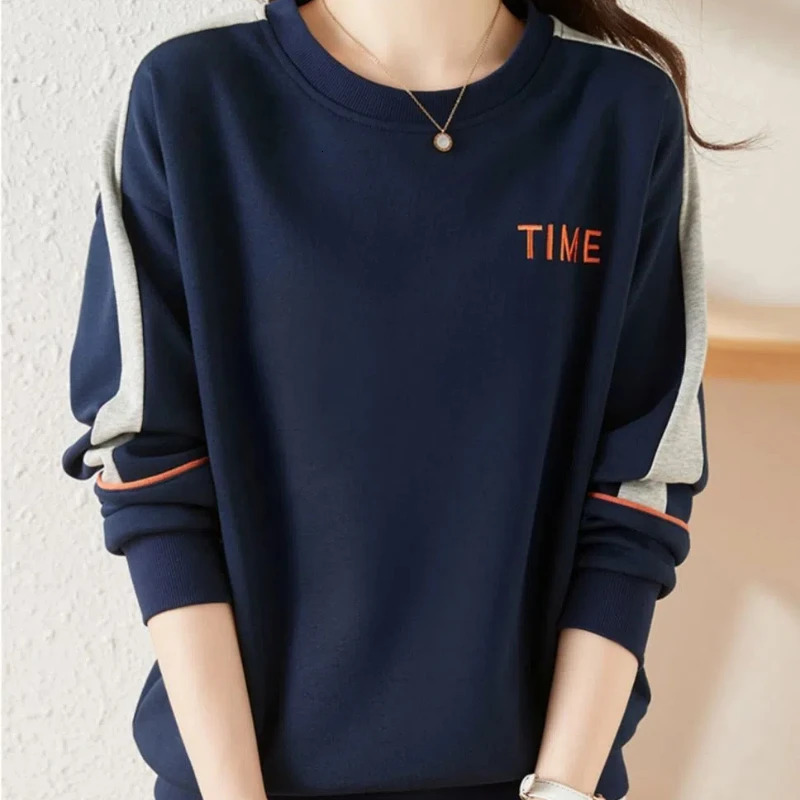 Korean Fashion Spring Autumn Womens O-Neck Letter Embroid Contrast Color Patchwork Casual Loose Long Sleeve Sweatshirts Tops 240806