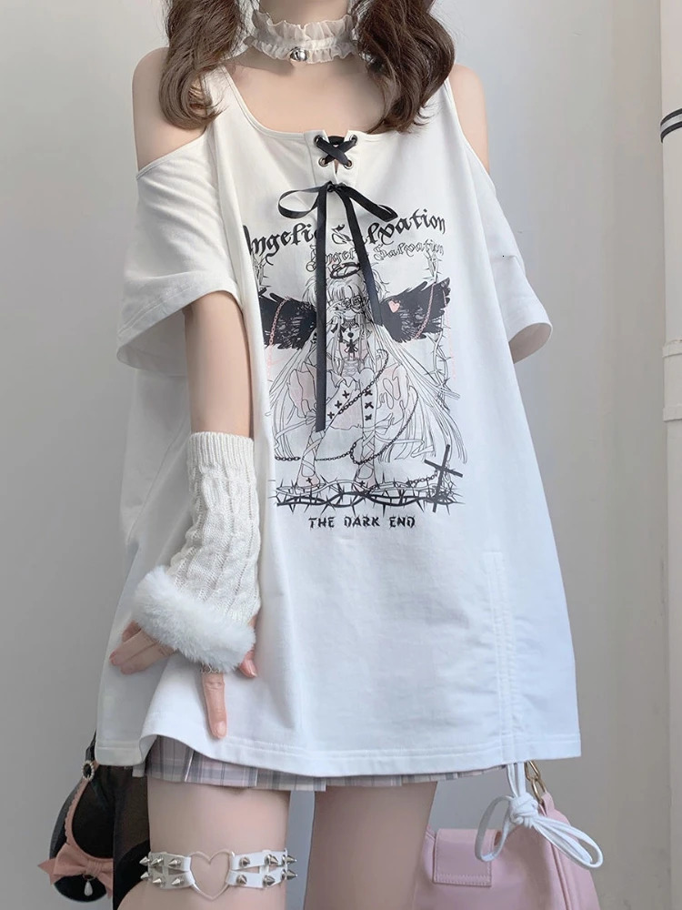 Strapless O-neck white angel T-shirt with letter print lace short sleeved T-shirt for women loose casual long T-shirt Y2k 240826
