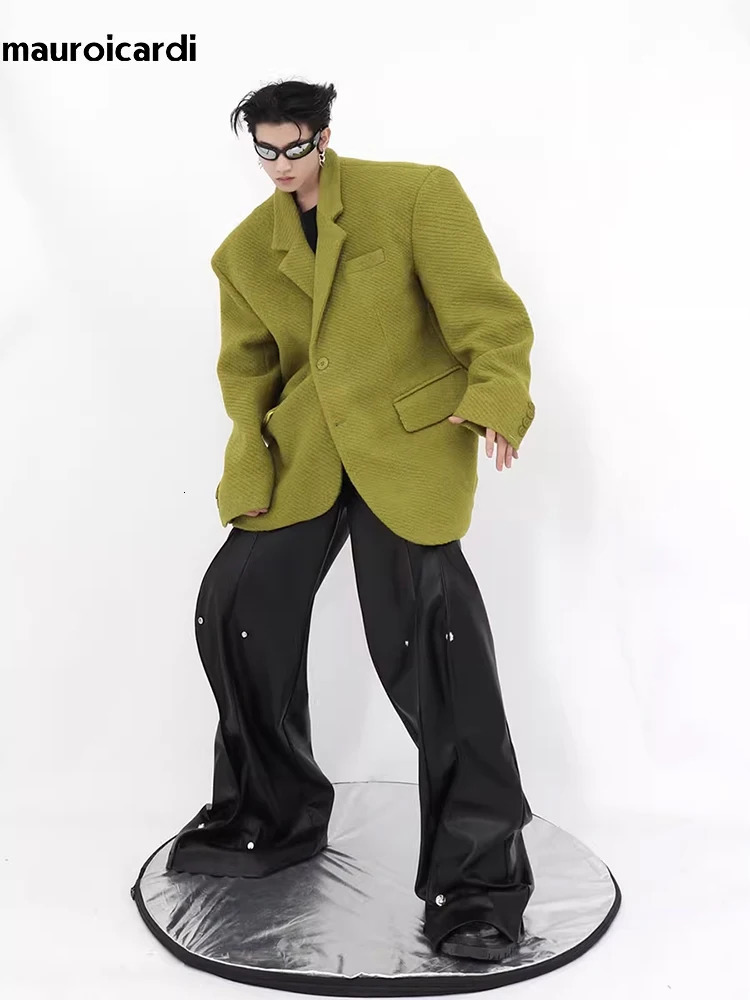 Mauroicardi Spring Autumn Large Casual Black Wool Sweatshirt Mens Shoulder Pads Long Sleeves Loose Korean Fashion240806