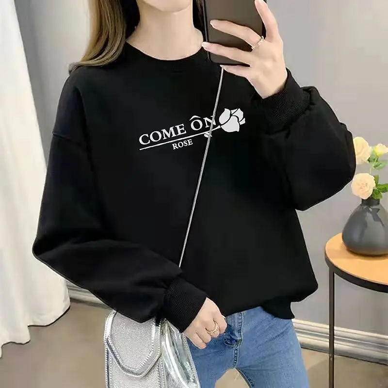 Autumn and Winter Womens Crew Neck Long Sleeves Printing Loose Pullovers Korean Hoodies Fashion Classic Casual All Match Tops 240806