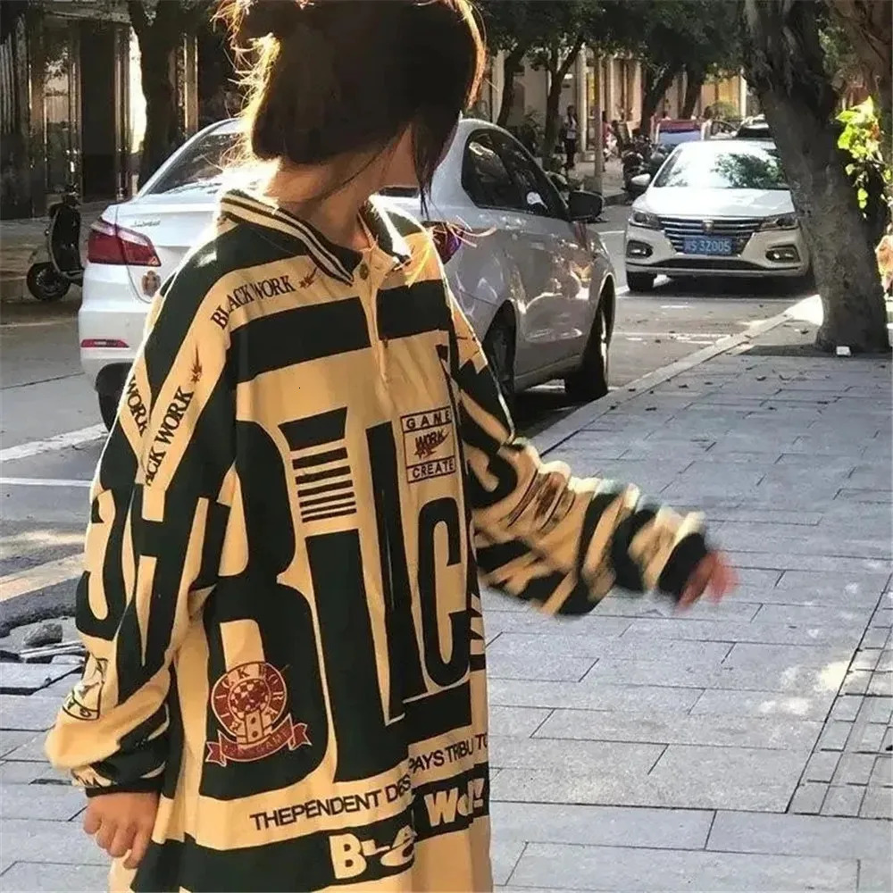 High Street Y2k Loose Vintage Oversized Polo T-shirt Women Letter Print Harajuku Goth Blouses Baggy Long Sleeve Fashion Chic Top 240806