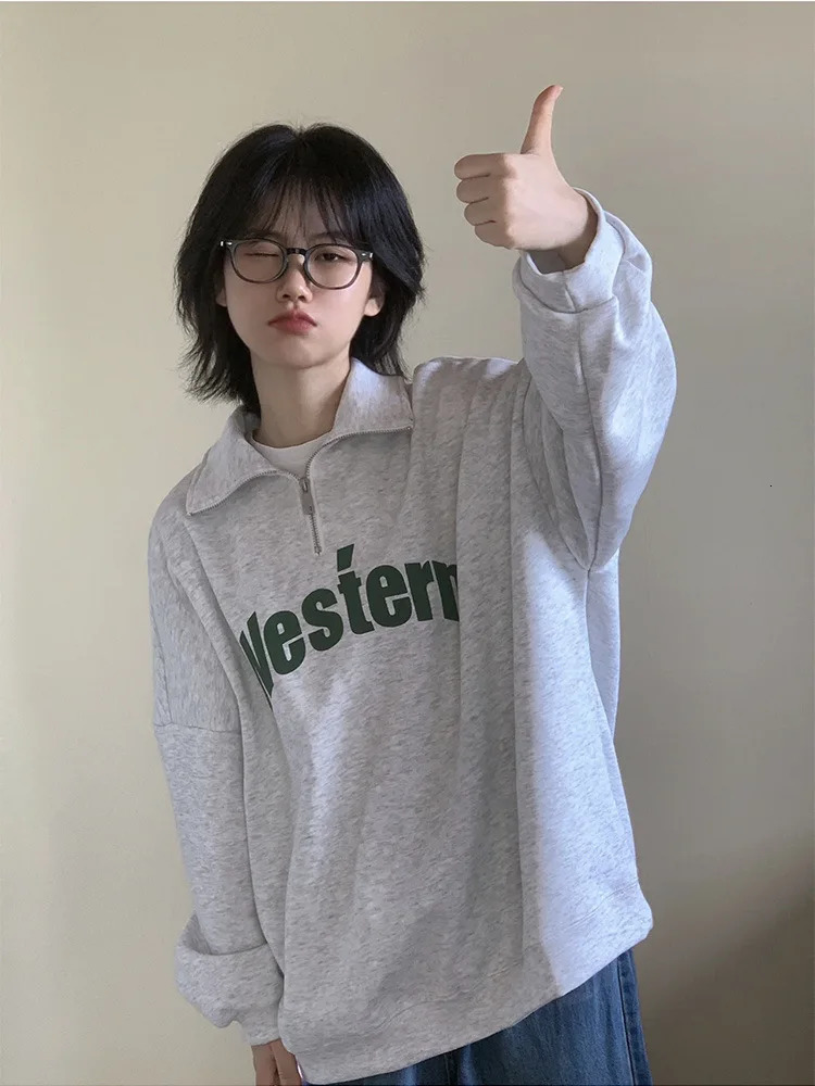 Retro polo collar zipper womens hooded sweatshirt oversized sportswear Korean autumn Y2K letter printed long sleeved T-shirt youth polo shirt 240827