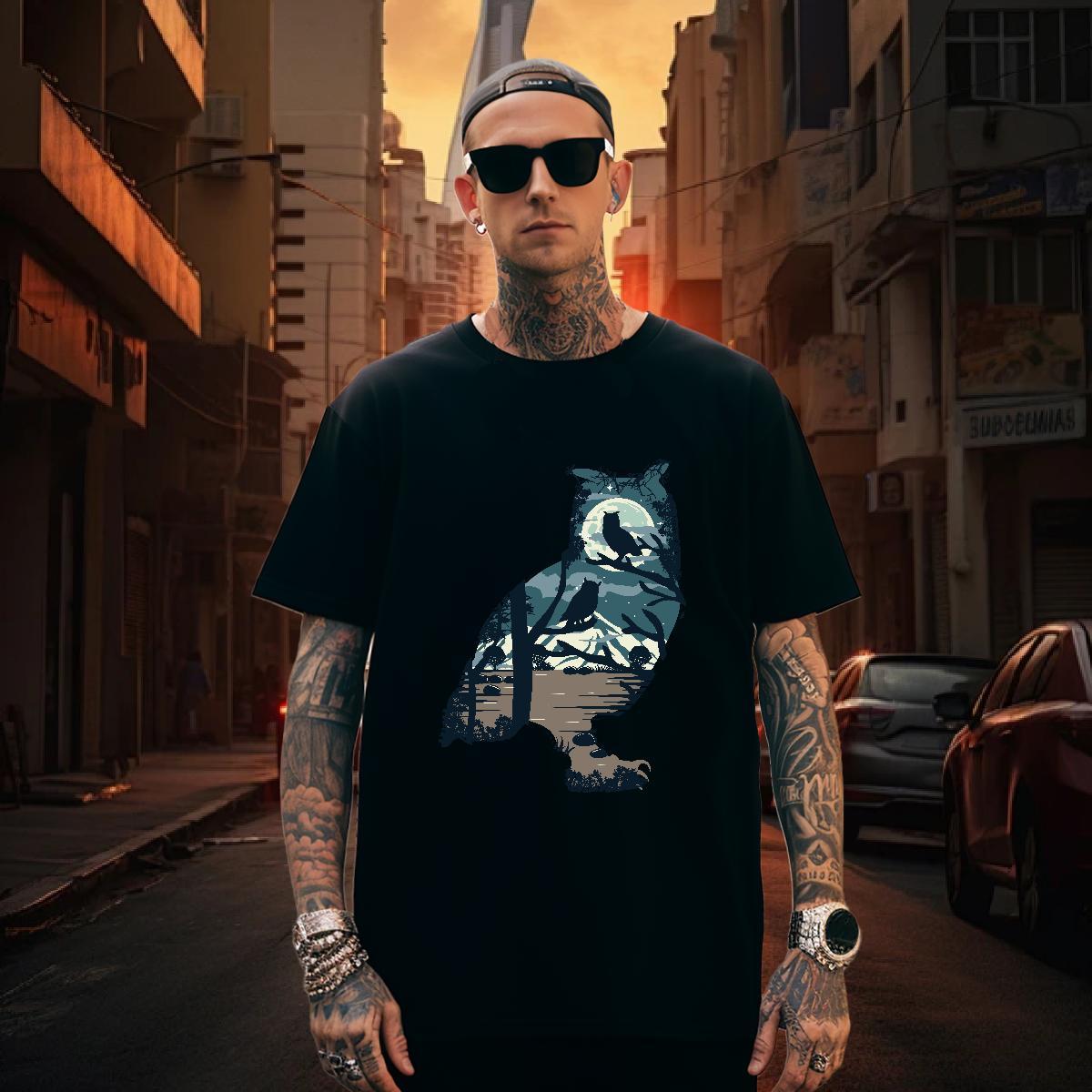 T Shirts Men 230g 100% Cotton Owl Daily Wear Breathable Crew Neck Anime Print Men Tops Tees Classic Casual Designer Clothings