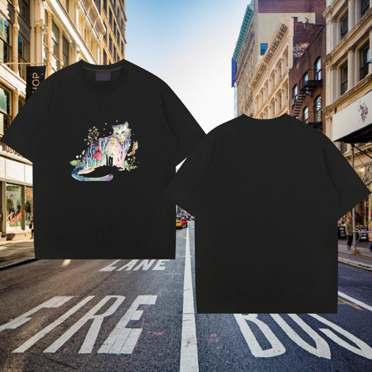 T Shirts Men 230g Cotton cat Casual Beach Short Sleeve O-Neck Black White Men Tops Tees 2024 Summer Wholesale Tops Shirt