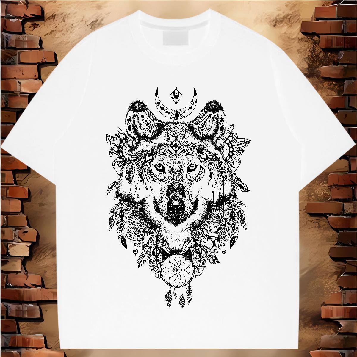 T shirt 230g Cotton wolf Sports Casual Breathable Short Sleeve Cartoon Print Men Tops Tees Casual New Free Shipping Polos