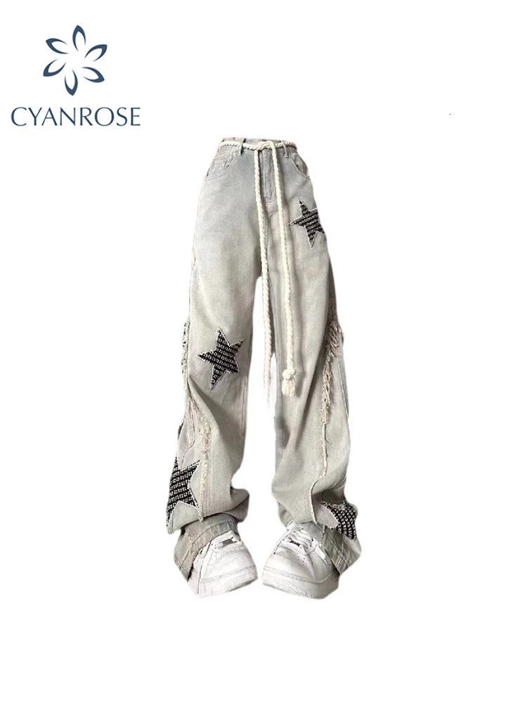 Women Baggy Star Jeans Fashion Vintage 2000s Y2k 90s Pippie Denim Trousers Korean Retro High Waist Wide Leg Cowboy Pants Clothes 240806