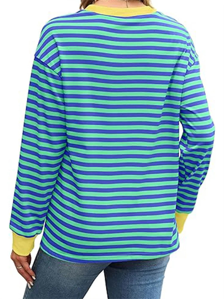 CHRONSTYLE Women Long Sleeve T-shirts Tops Striped Print Round Neck Spring Fall Casual Loose Fit Tees Shirts Streetwear 240806