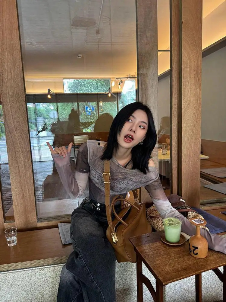 Yedinas sees through mesh top shoulder T-shirt womens clothing long sleeved Korean fashion street clothing T-shirt Y2k Chic 240826
