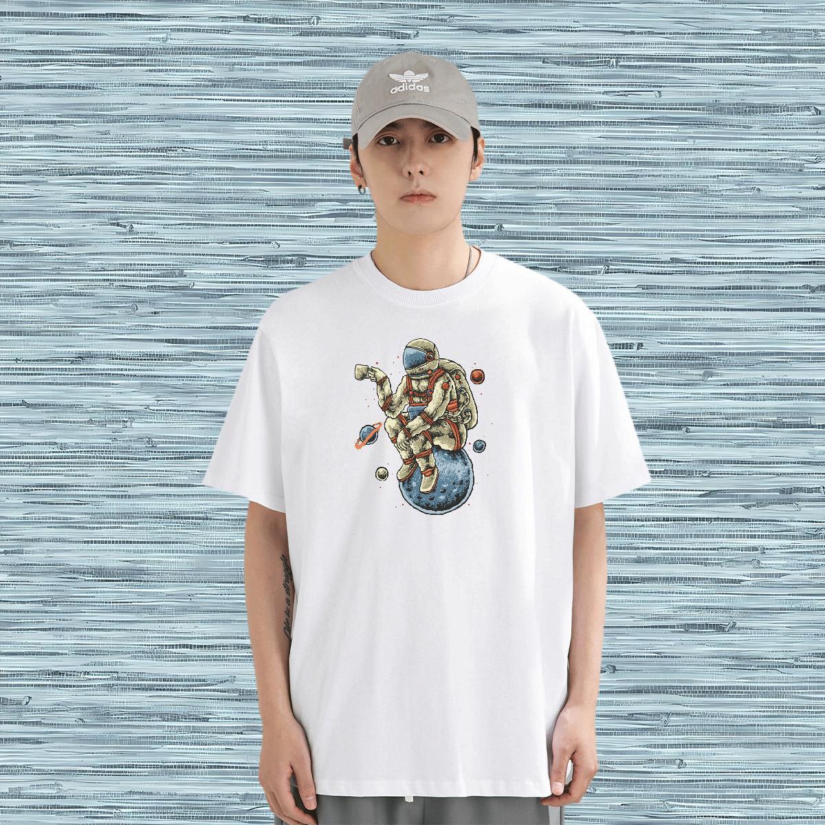 Man T Shirts 230g Pure Cotton cosmonaut Casual Daily Wear Breathable Crew Neck Floral Print Mens Tshirts 2024 New Brand Tees Shirts