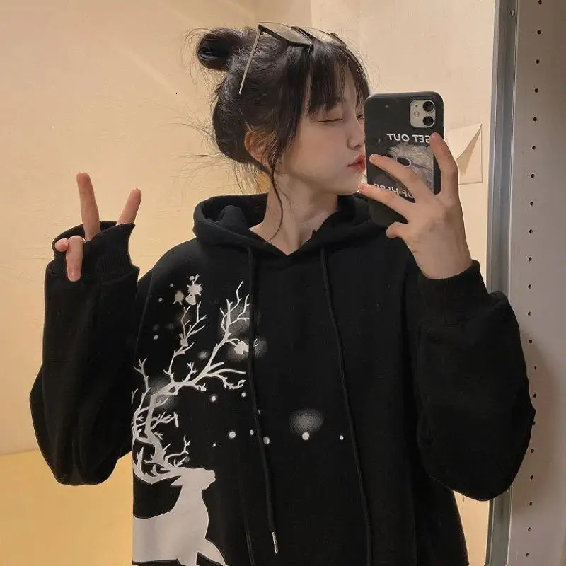 Christmas Printing Korean Loose Pullovers Femme Long Sleeve Drawstring Streetwear Hooded Sweatshirts Womens Clothing 240806