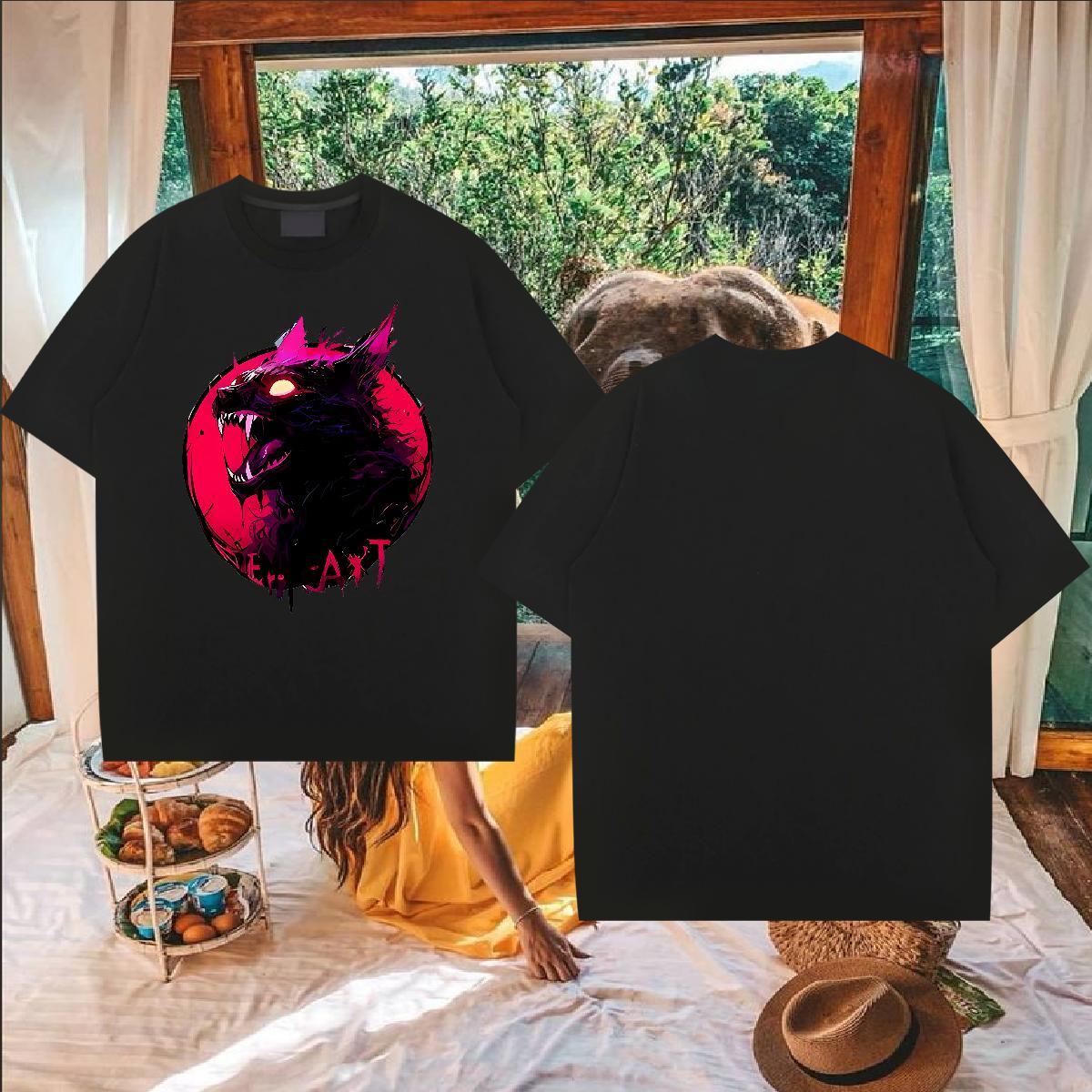 2024 New T Shirts Men 100% Cotton 230g wolf Anime Printing Street Tees Shirts Short Sleeve Soft High Quality Tshirts DIY Logo Oversized