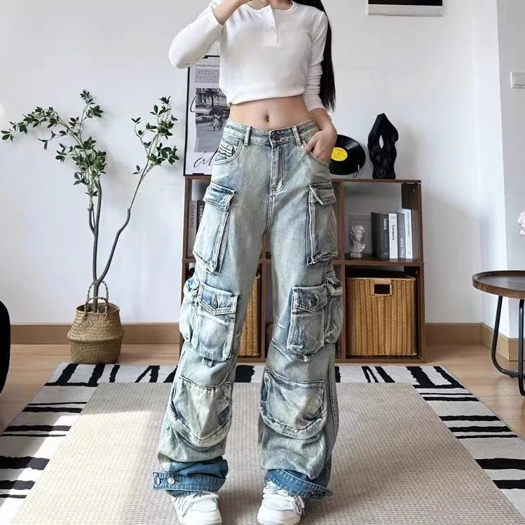 Women Jeans Denim Distressed Multi Pocket Washing Cargo Pants Casual Low Waist Zipper Fly Winter Gradient Slight Strech 240806