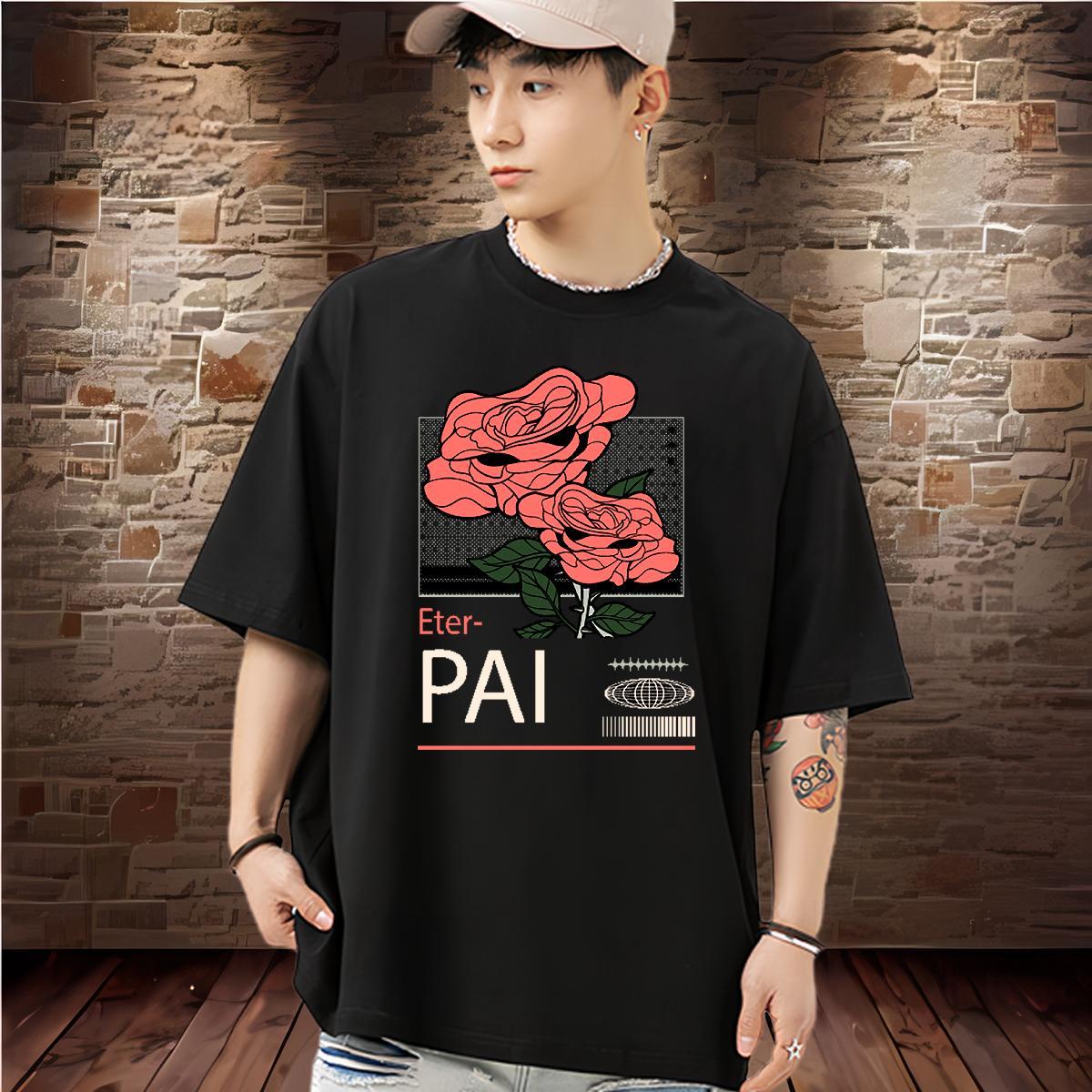 New Designer T-Shirts for Men 230g 100% Cotton flower Summer Casual Clothes O-Neck Short Sleeve Wholesale Men Clothes T-Shirt Anime