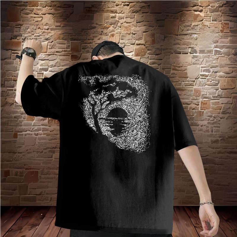 Casual New T-Shirts 230g Cotton tree Street Tops Round Neck Short Sleeve High Quality Men Tshirts Black Oversized