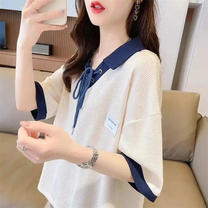 Spring Summer Contrast Lacing Loose T Shirts Polo Neck Long Sleeve Patchwork Trend Tops Tees Casual Fashion Women Clothing 240806