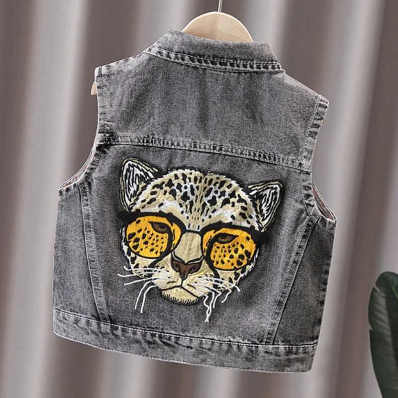 Boys and Girls Fashion Glasses Leopard Head Printed Collar Cowboy Tank Top Spring and Autumn Edition Display Tank TopW240724
