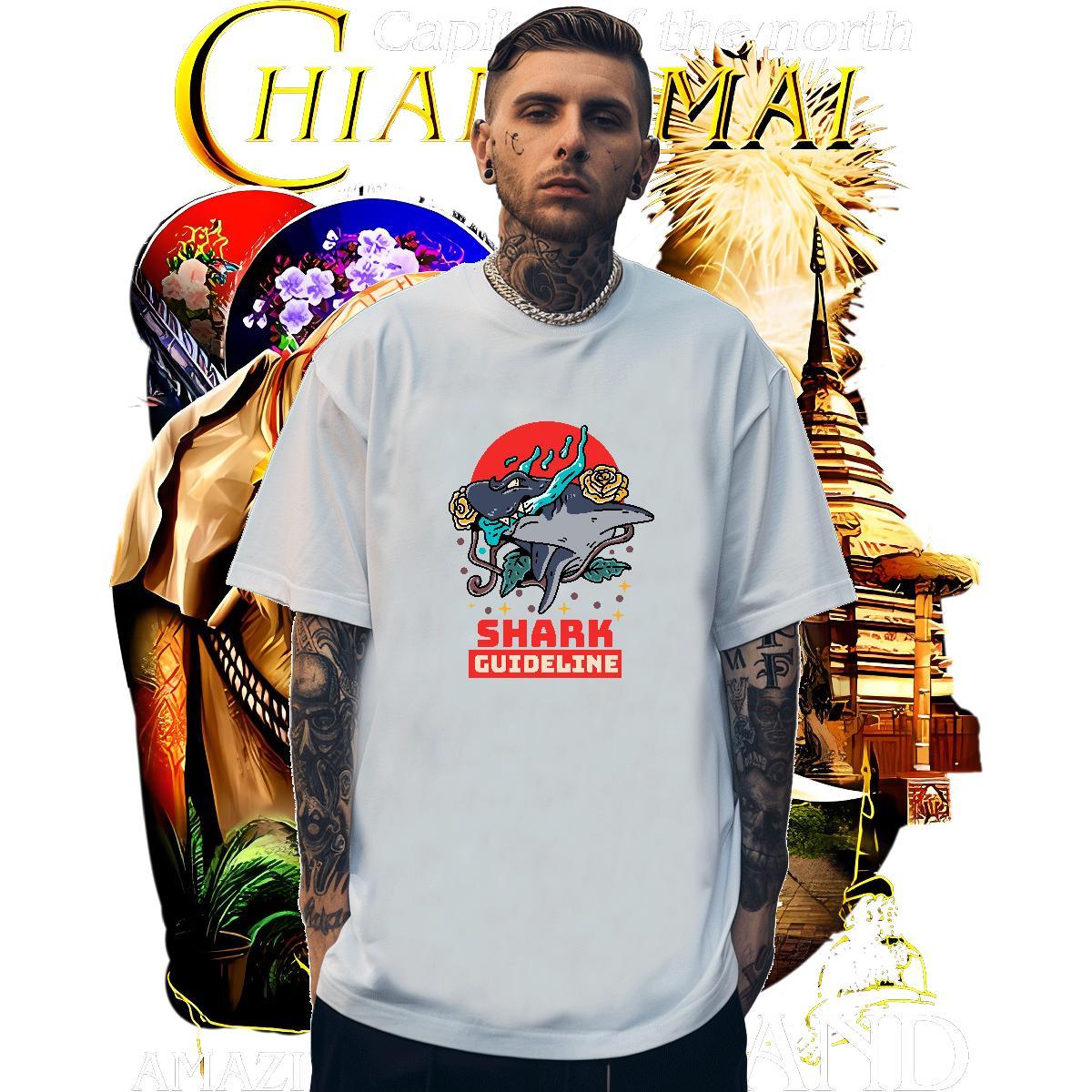 Cool Men Tshirts 100% Cotton 230g shark Man T Shirts Spring Summer Short Sleeve Soft Custom Cartoon Classic Casual Tees Shirts