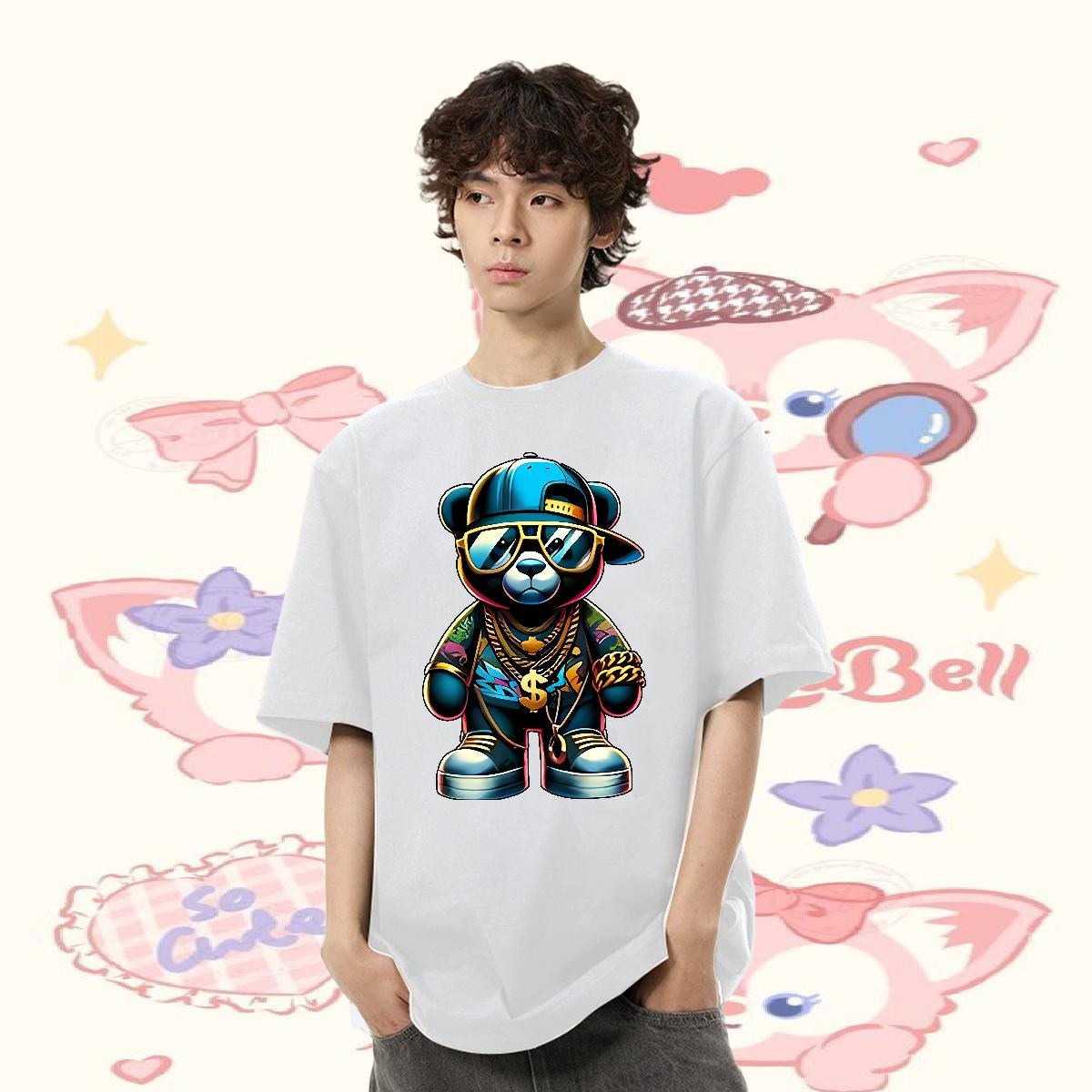 Free Shipping T-Shirts 100% Cotton 230g bear Street wear Hip Hop Tops Tees Short Sleeve O-Neck Brand Men Clothes T-Shirt Floral Print
