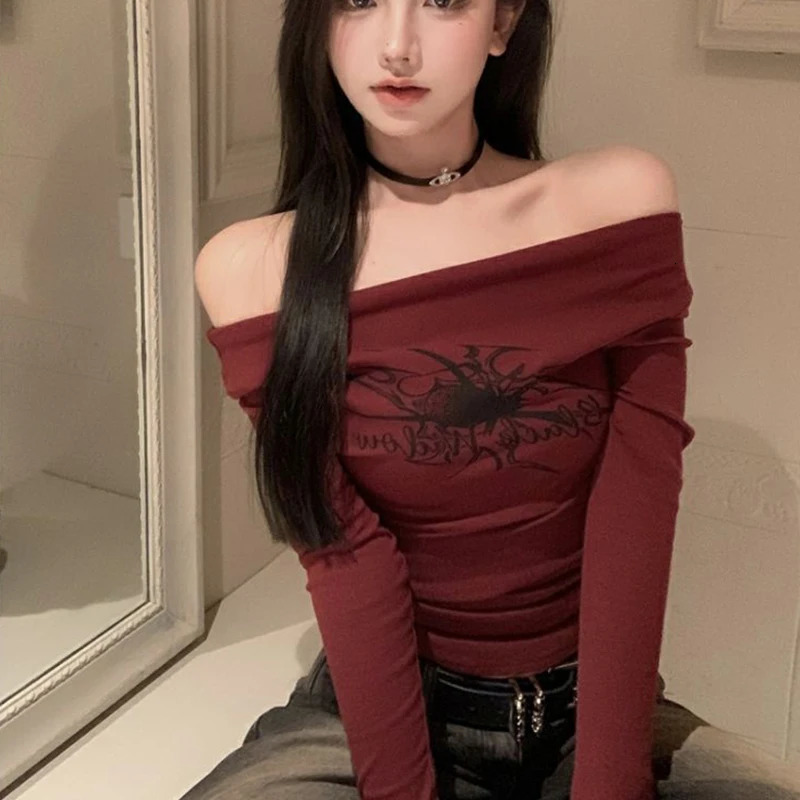 Y2K Long Sleeve T Shirt Women Gothic Grunge Off Shoulder Crop Tops Streetwear Punk Casual Tees Vintage Spring Female T-Shirts 240806