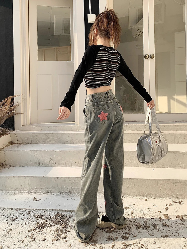 Womens Y2k Star Jeans Baggy Harajuku Aesthetic Denim Trousers Vintage Streetwear Jean Pants Japanese 2000s Style Trashy Clothes 240806
