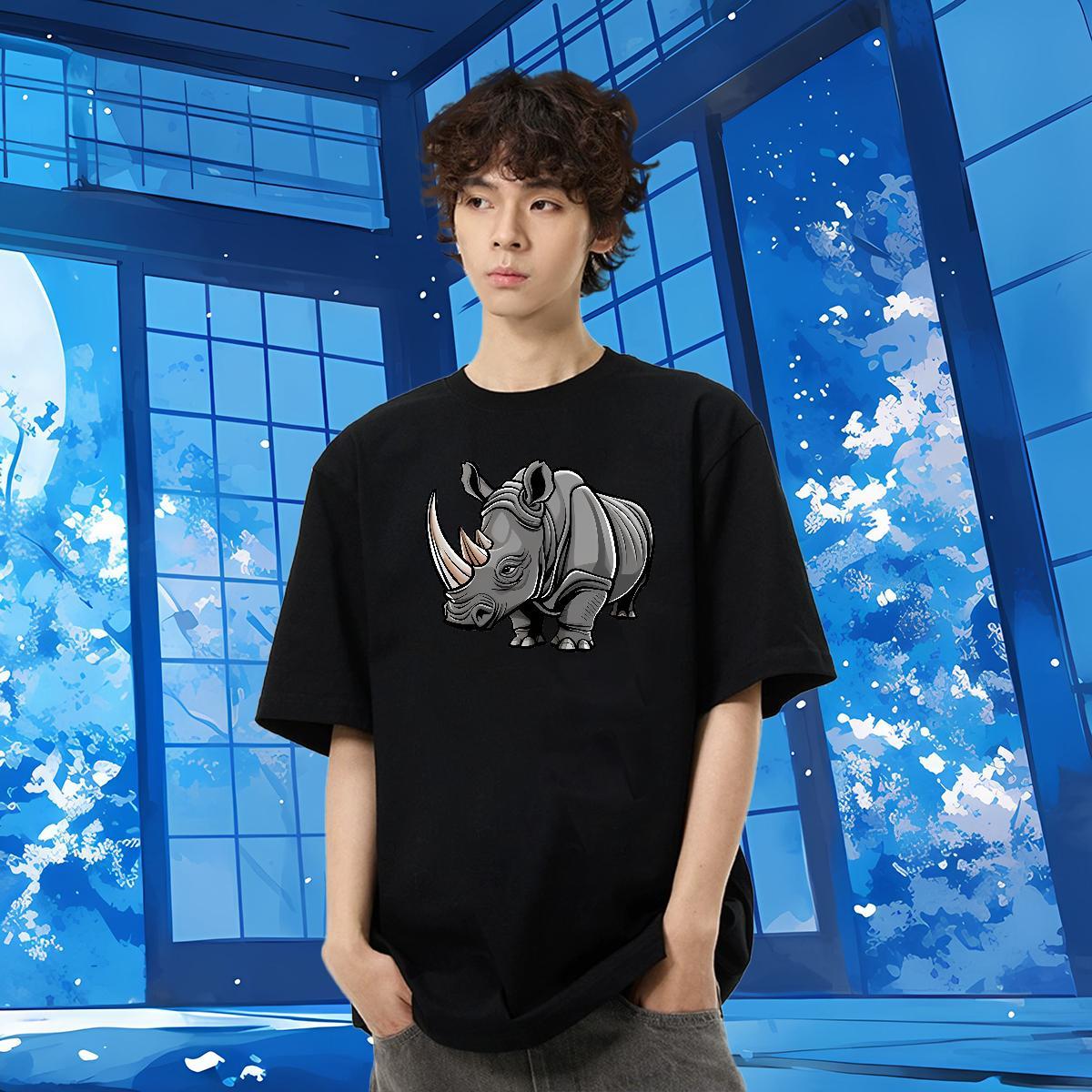 Custom T-Shirts for Men 230g Pure Cotton rhinoceros Spring Summer Clothes Round Neck Short Sleeve Popular Men Tees Skull