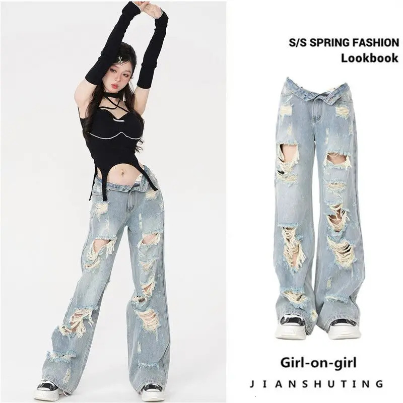 Summer Korean Fashion Loose Jeans for Women Denim Hole Broken Retro Streetwear Spicy Girls Wide Leg Cargo Pants Women Clothing 240806