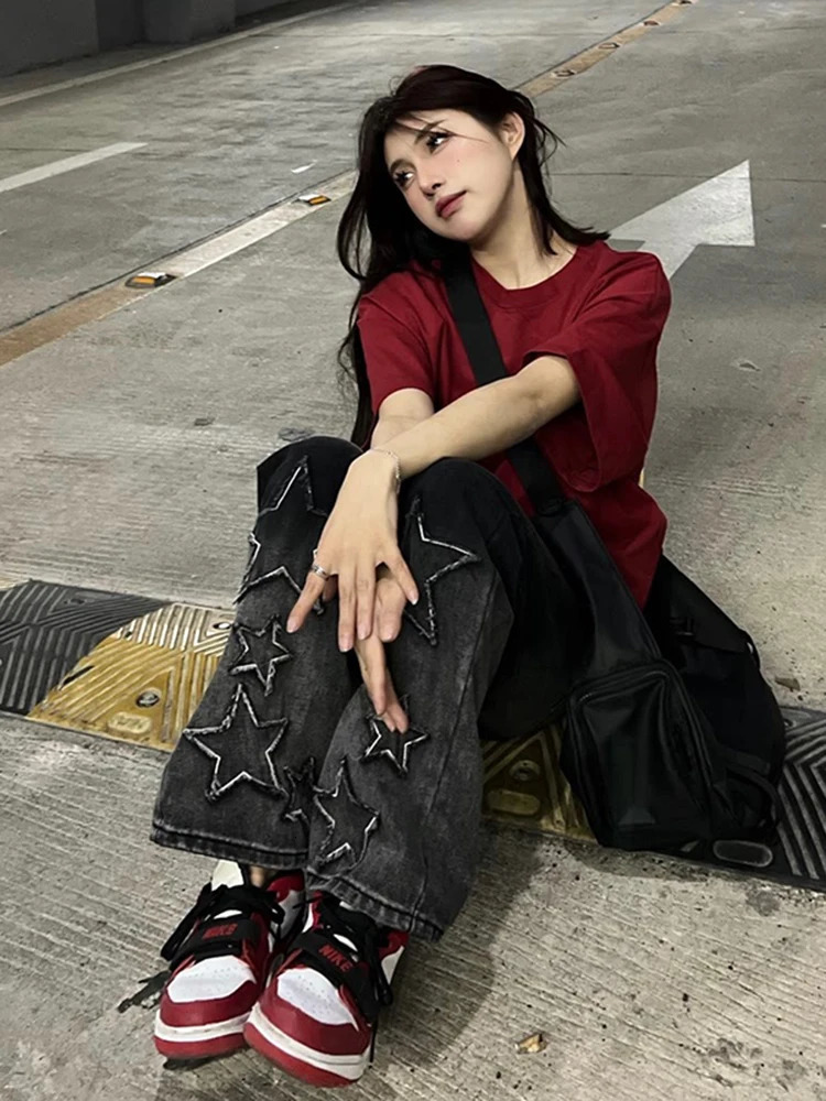 Womens Black Gothic Baggy Cargo Jeans with Star Harajuku Y2k 90s Aesthetic Denim Trousers Emo 2000s Jean Pants Vintage Clothes 240806