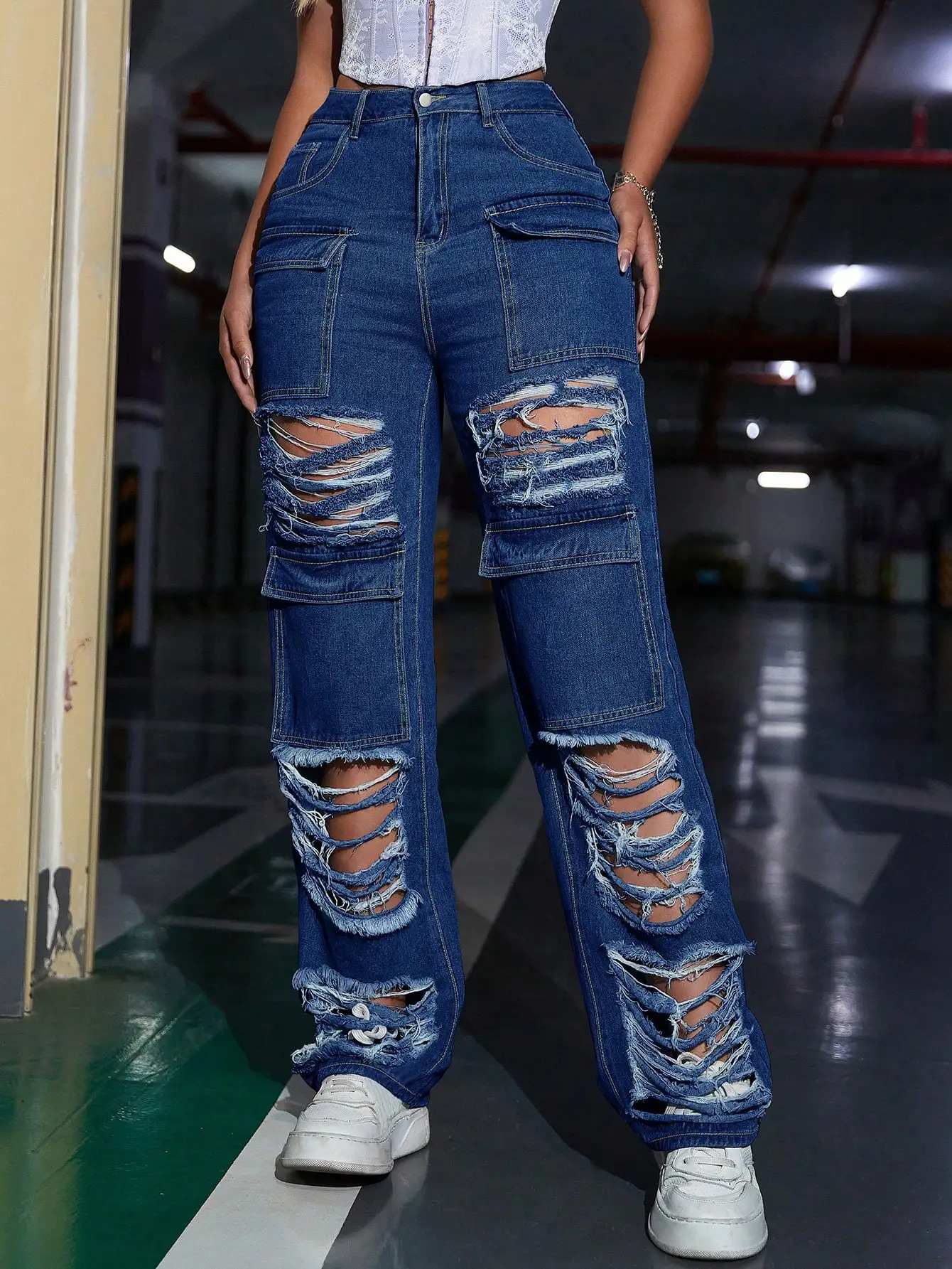 Y2K Street High Waist Washed Flap Pocket Ripped Raw Cargo Pants Daily Casual Pants 240806
