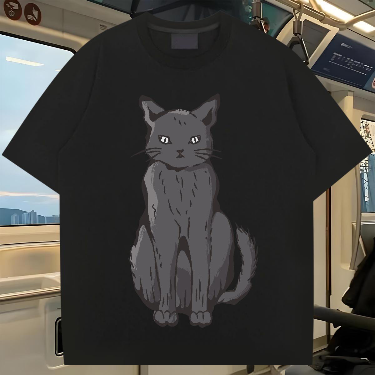Fashion New T-Shirts 230g Pure Cotton cat Street Casual Tops Tees Breathable Loose Fit Men Tops Tees Cartoon Printing L-4XL