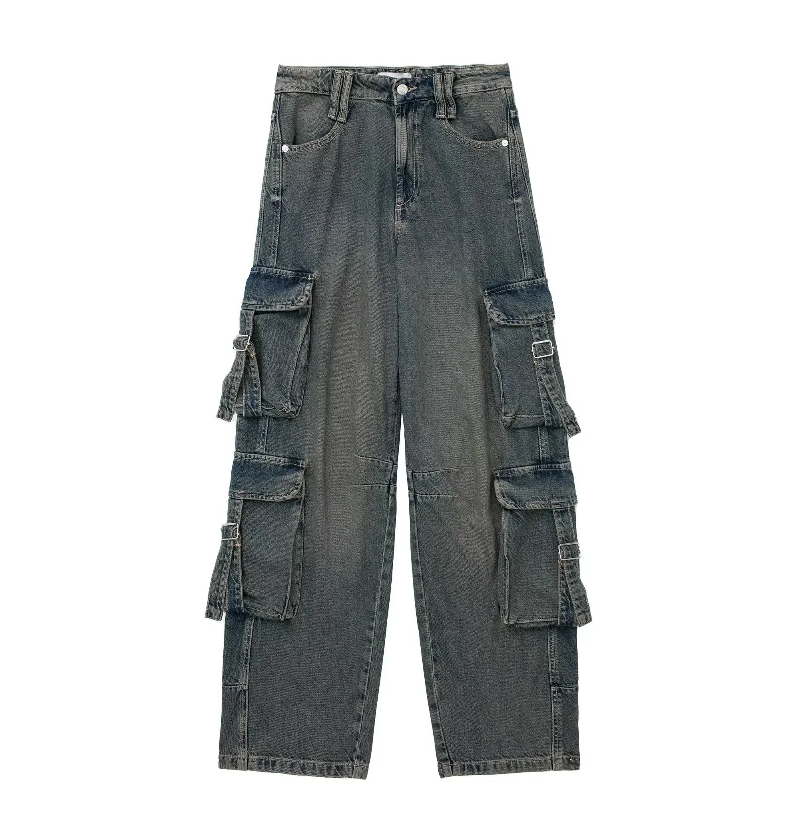 Spring Autumn Woman Pocket Workwear Denim Cargo Long Pants Fashion Mid Waist Vintage Casual Street Loose Trousers 240806