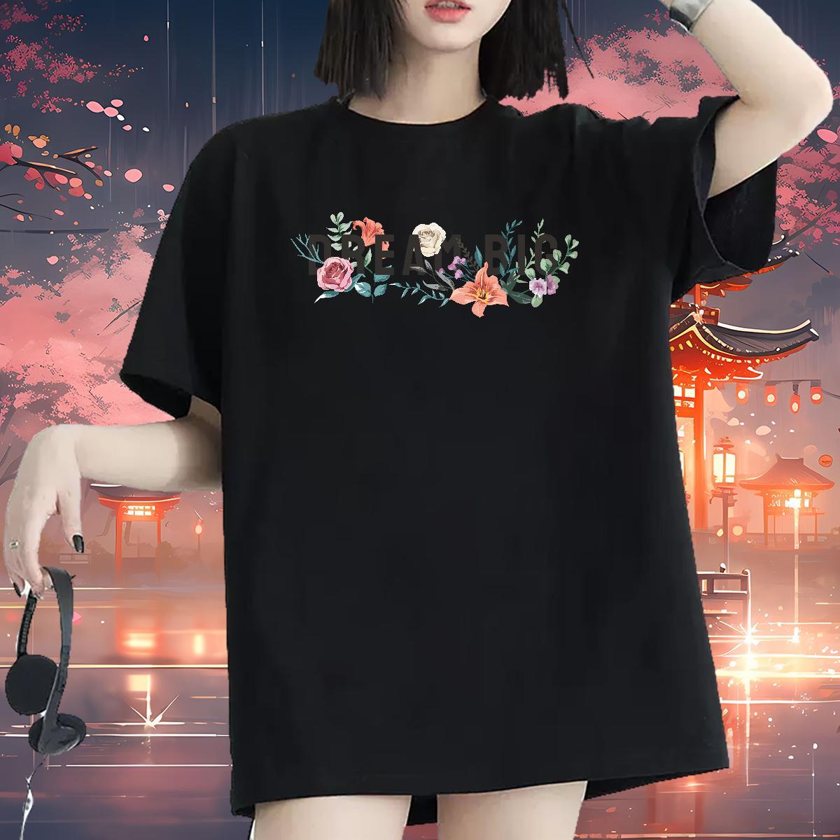 Nice Woman T Shirts Short sleeve Soft Woman Tshirt Anime Print flower Street 230g 100% Cotton 2024 Casual Clothes