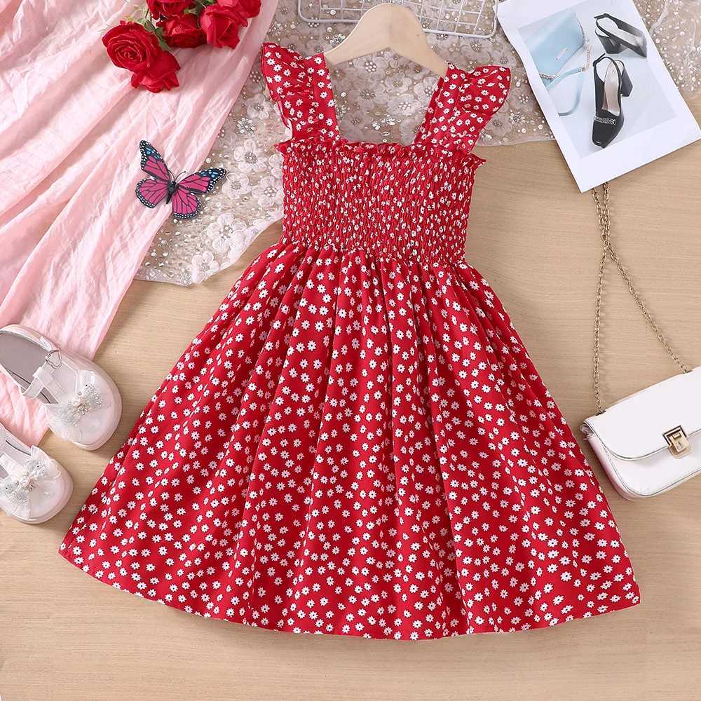 New summer vacation style lotus leaf edge small floral suspender dress suitable for middle school children and girlsW240720