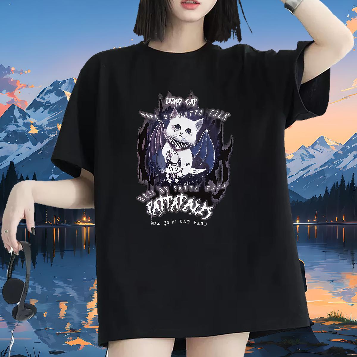 Female Women T Shirts O Neck Short Sleeves Lady T shirt Anime cat Sport 230g 100% Cotton 2024 Designer Tee Shirt