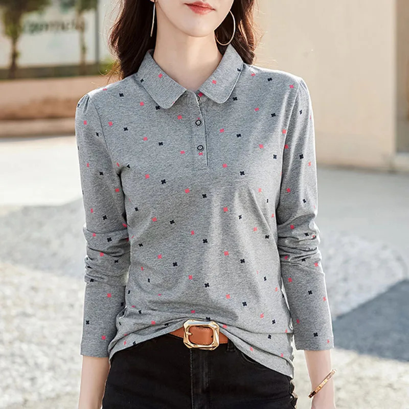 Spring Women Polo Shirts Fashion Printed Female Long Sleeve Turn-down Collar T-shirts Soft Cotton Blouses Ladies Slim Tops 240806