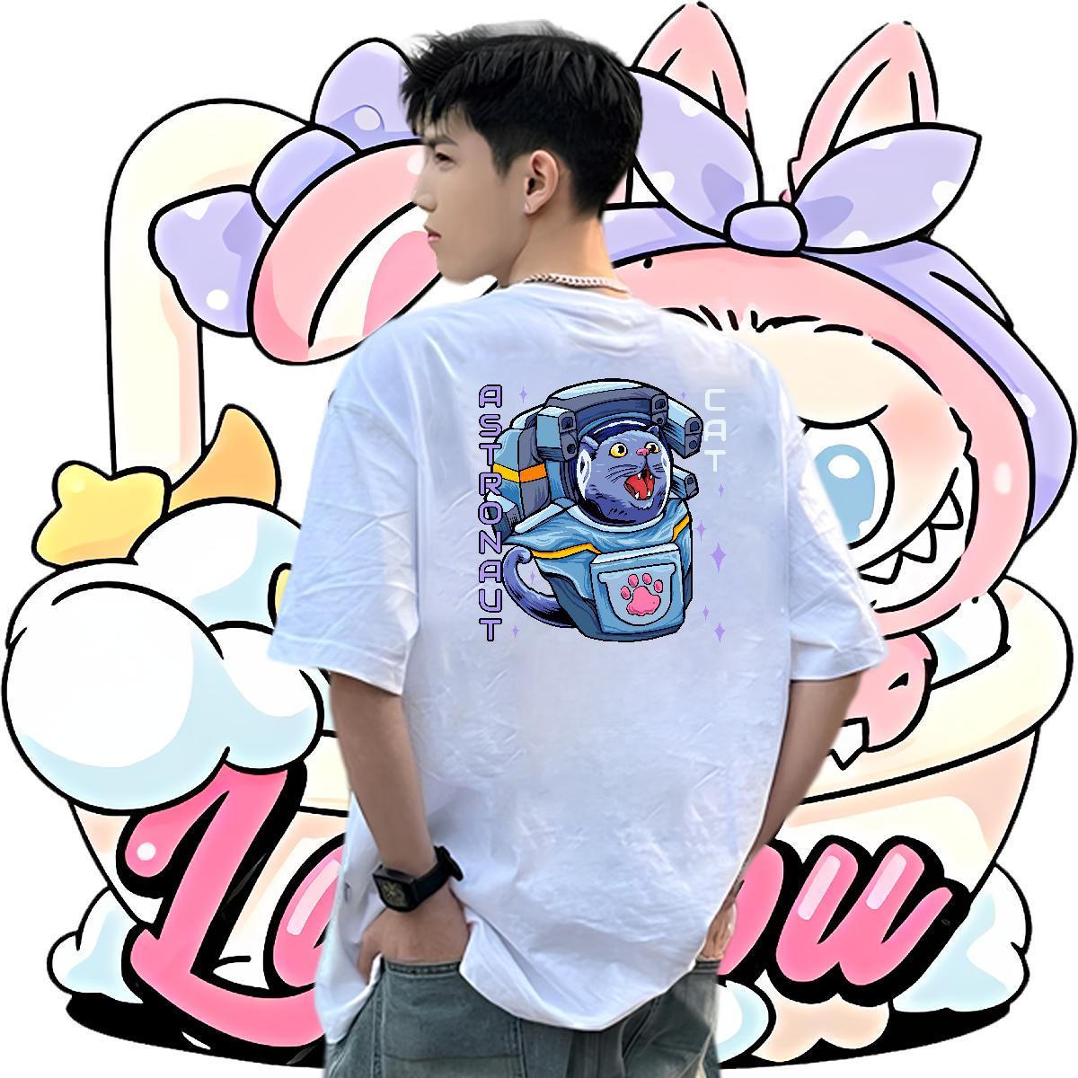 New Men T Shirts 100% Cotton 230g cat Street Tops Shirt O Neck Short Sleeves Cool Men Tops Tees Oversized