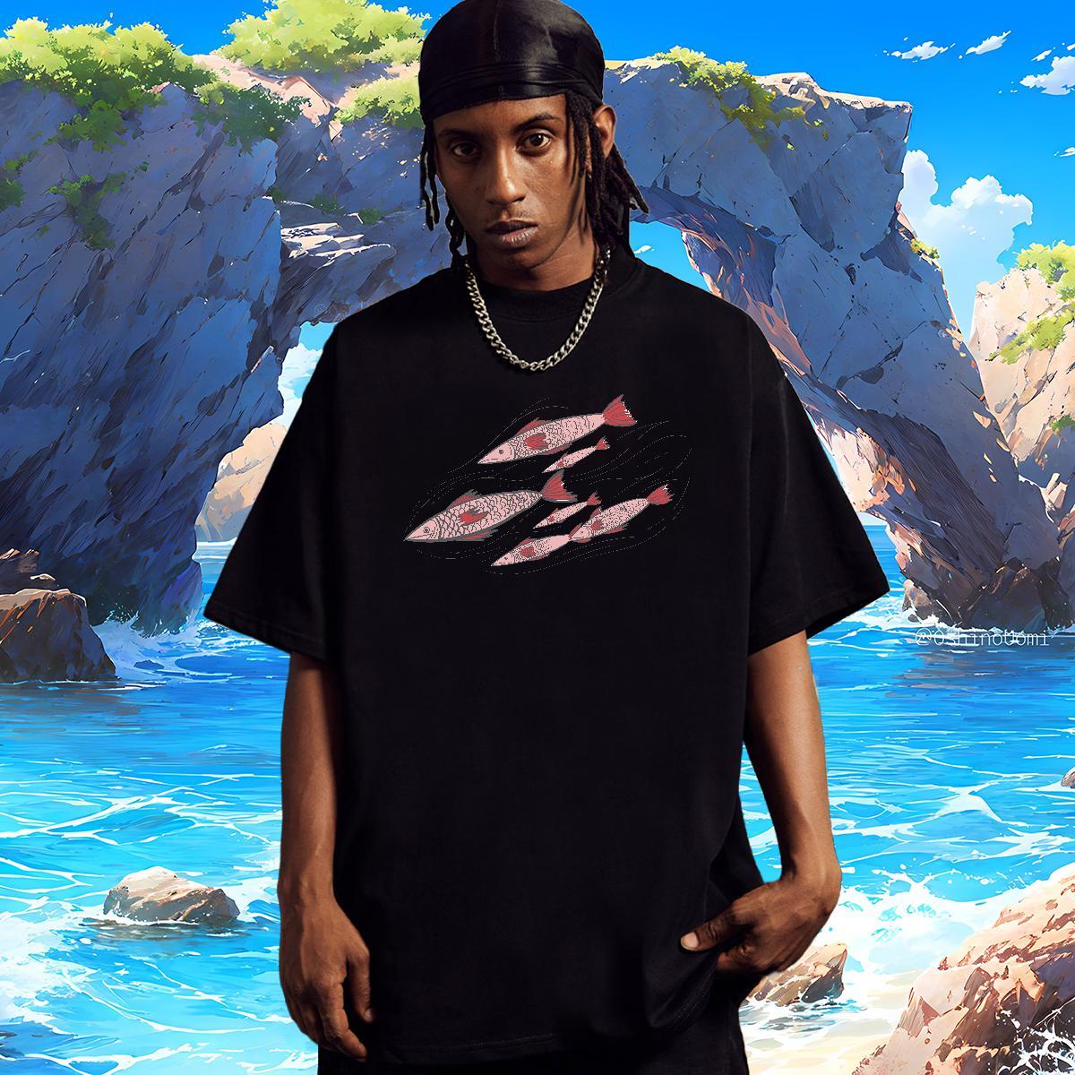 T Shirt For Man 100% Cotton 230g fish Street O Neck Short Sleeves Plus Size Cartoon Men Clothes T-Shirt Classic High Quality Tops Tees