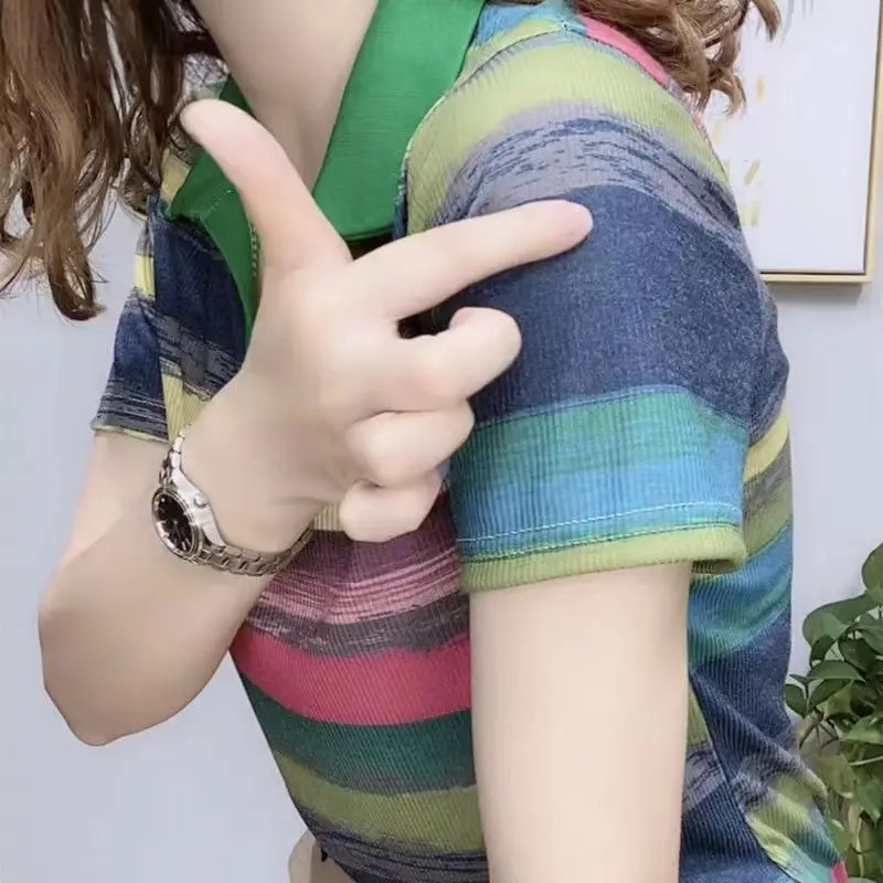 Short Sleeve T-shirt Womens Summer Fashion Rainbow Stripe Polo Shirt Comfortable Leisure Pullover Female Clothing Tops 240806