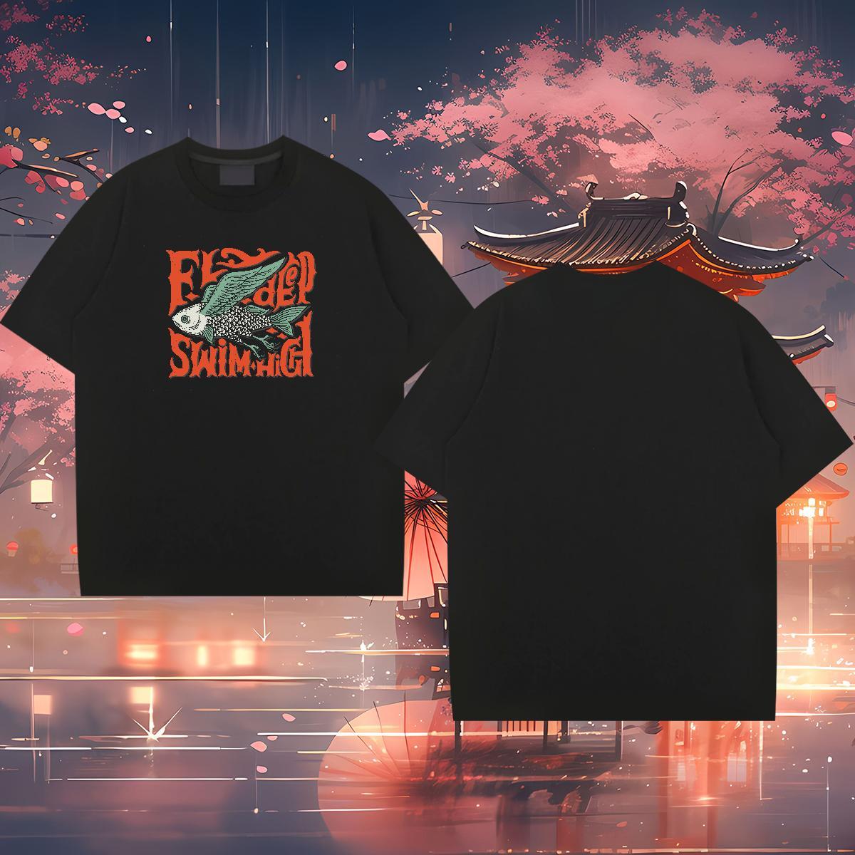 2024 DIY T-Shirts 230g Pure Cotton fish High Street Hip Hop Tees Short Sleeve Soft TOP Quality Men Tshirts Oversized 3XL 4XL