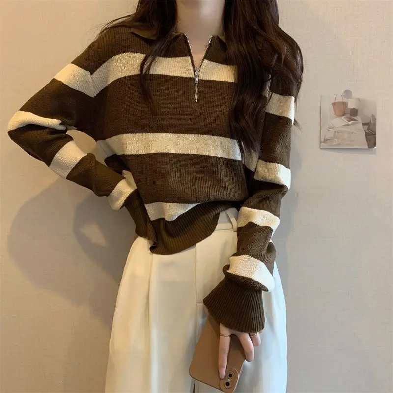 Striped Autumn Winter Womens Spliced Polo Collar Zipper Fashion Solid Loose Minimalist Casual Long Sleeve Knitted Top 240806