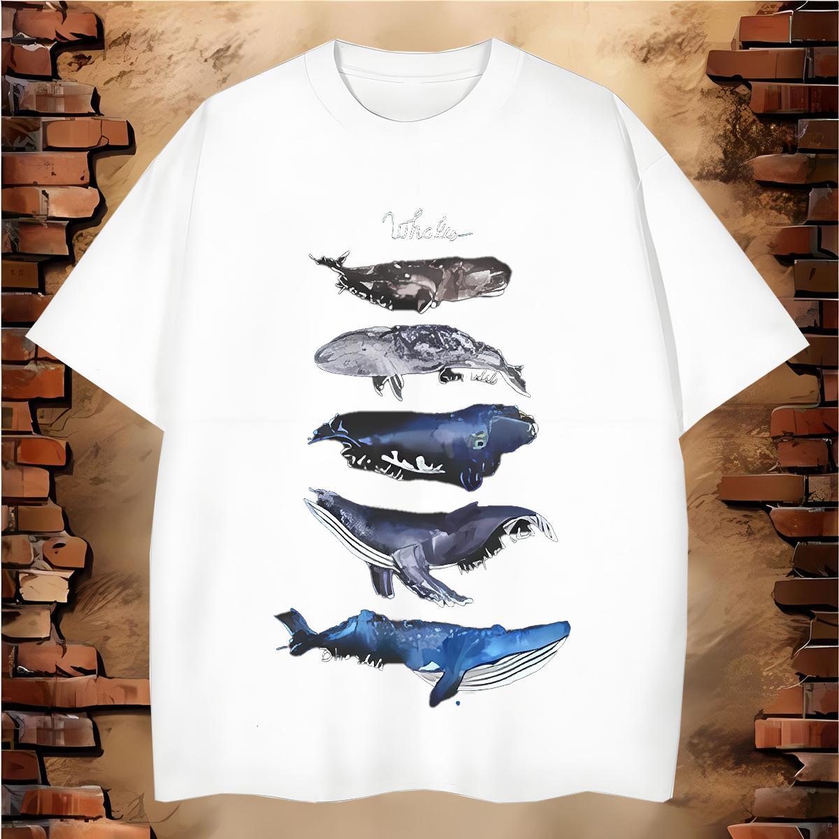 Custom Mens T Shirts 100% Cotton 230g whale Street Wear Clothings Breathable Short Sleeve Loose Men Tops Tees Cartoon Printing L-4XL